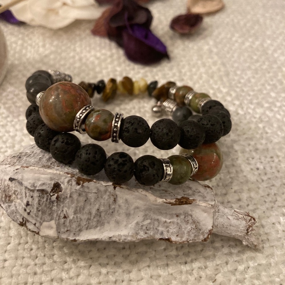 Unakite and Lava stone mama memory wire bracelet